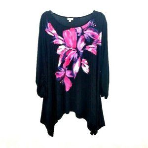 Vip knits High-low ruched pink floral black top
